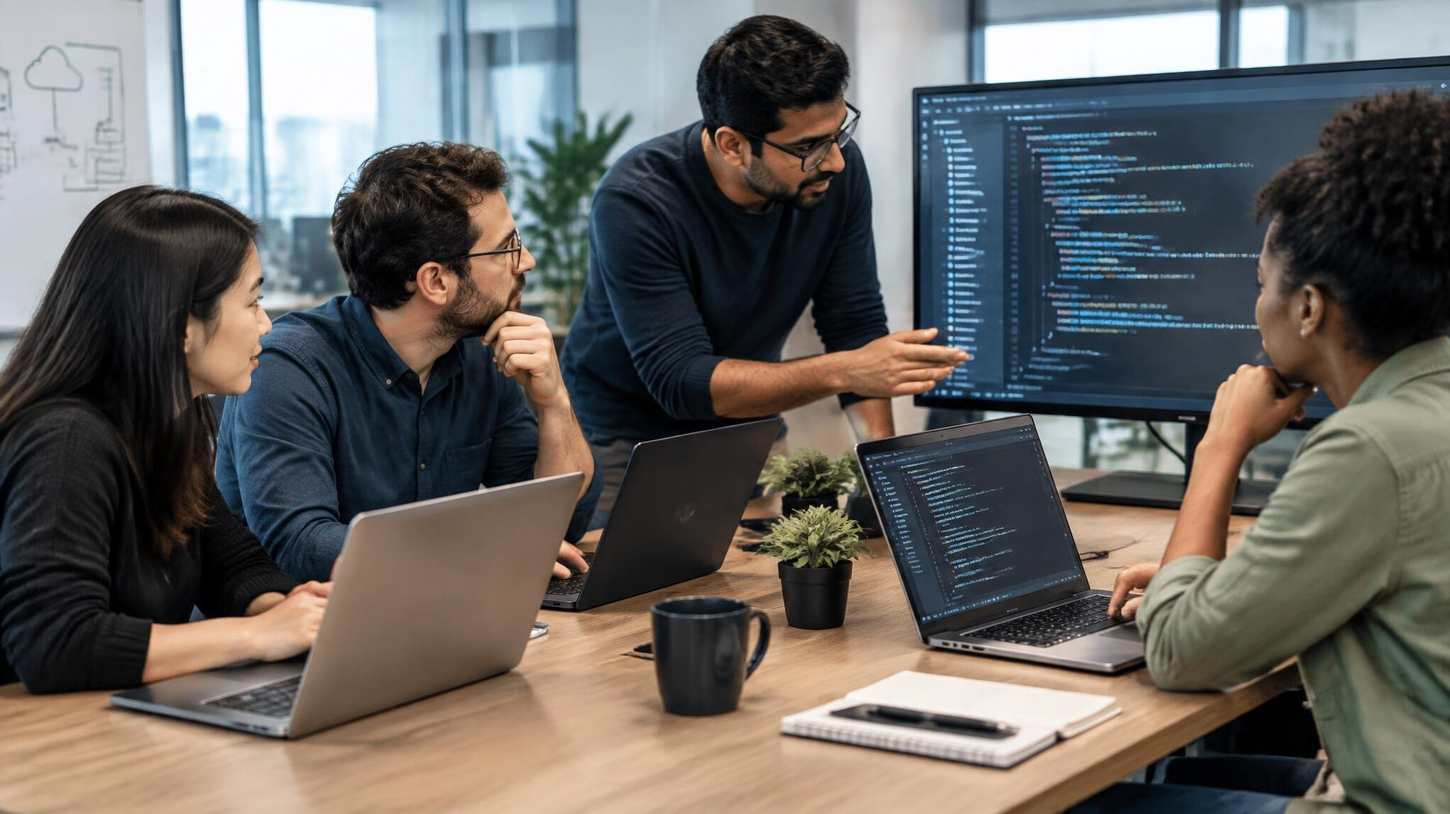 corporate team collaborating on code