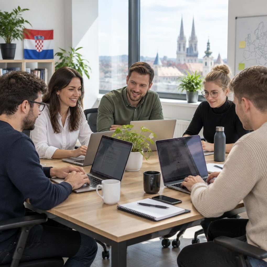 Group of colleagues working on laptops in a modern office