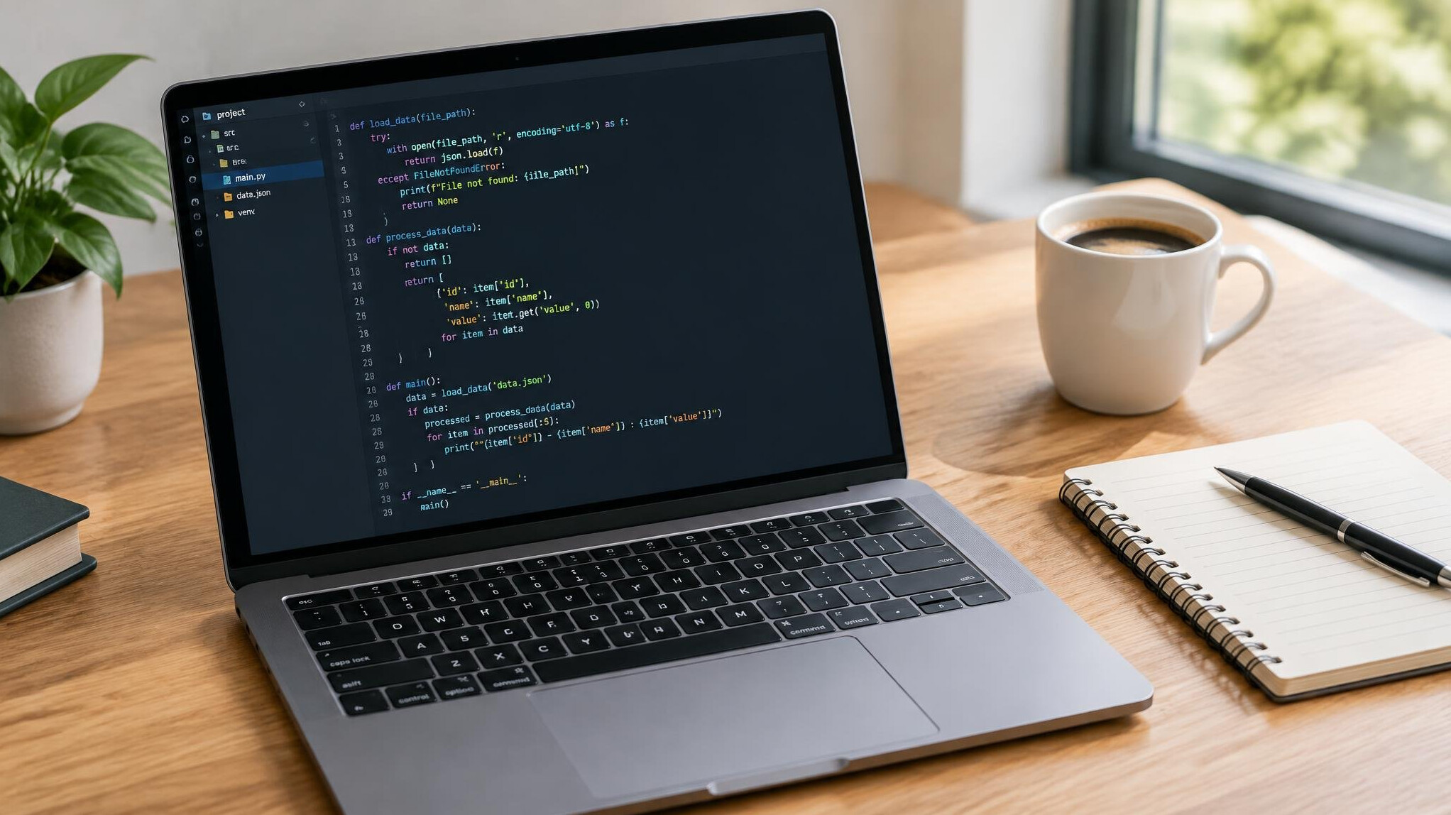Laptop with programming code on screen on a desk