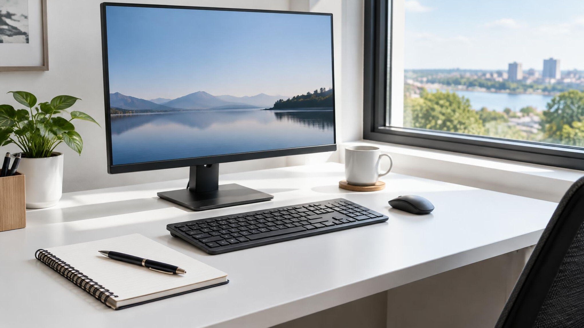Tidy workspace with computer monitor and notebook