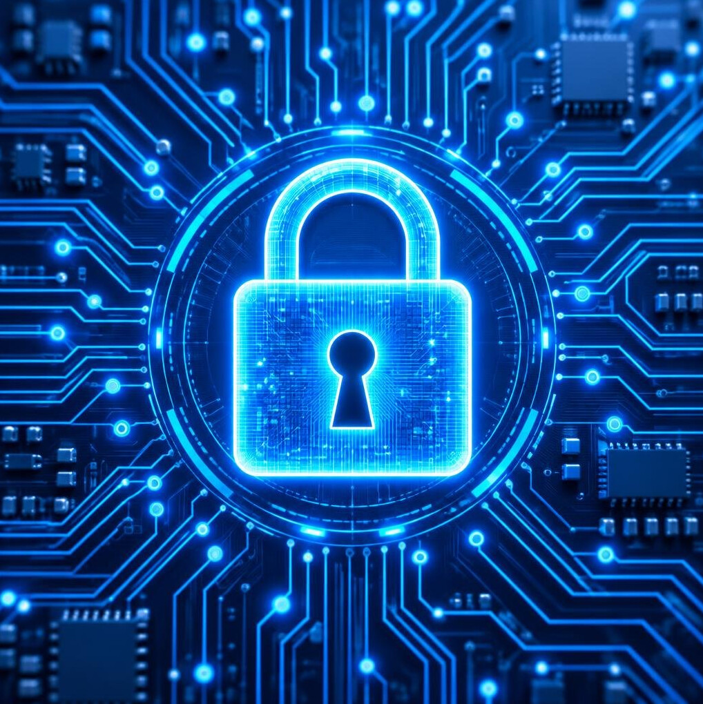 Digital padlock over a circuit board representing cybersecurity