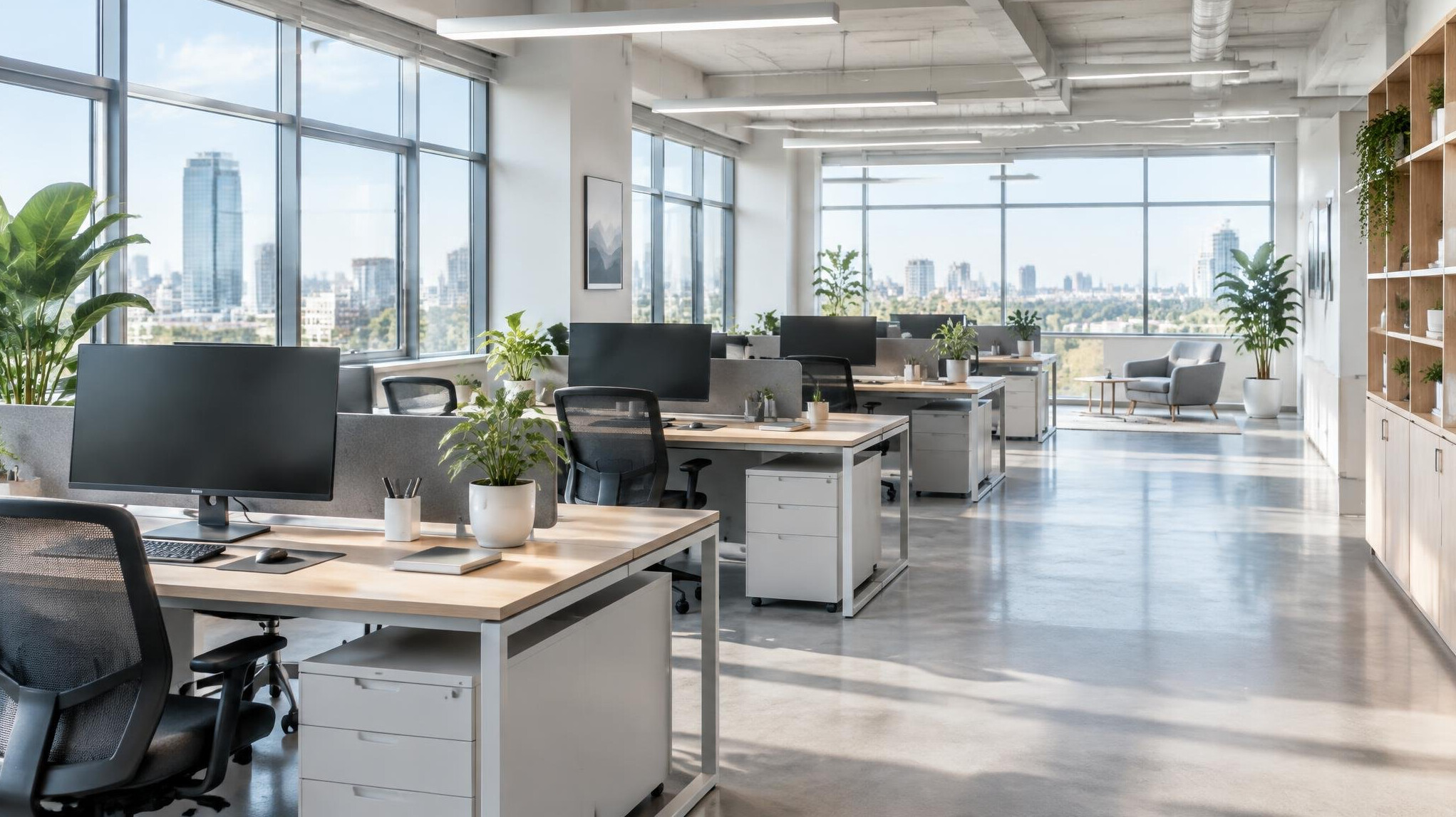 Bright modern open space office interior