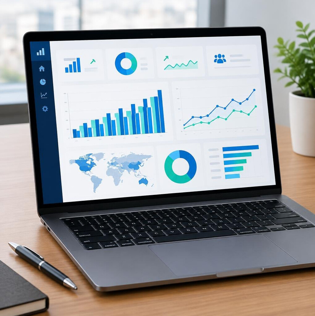 Analytics dashboard with charts on a laptop screen